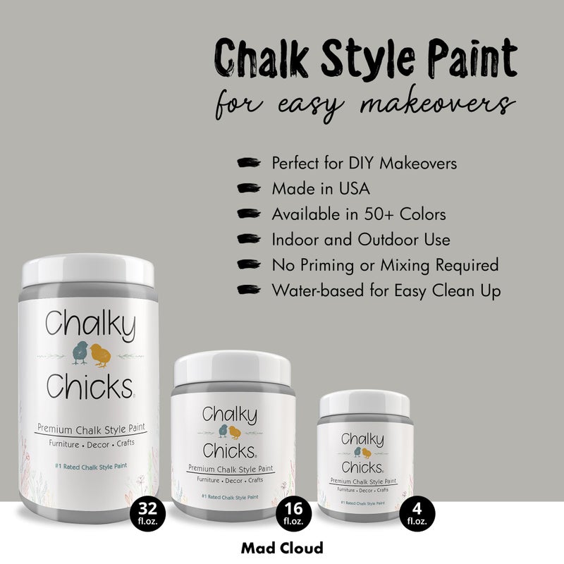 Chalky Chicks All-in-One Chalk Paint for Furniture or Cabinet - 16 Fl Oz - Matte Finish Mad Cloud (Light Gray) for Metal, Wood Furniture Paint - No Sanding All-in-One for Home Decor & Crafts, USA Made - Image 2